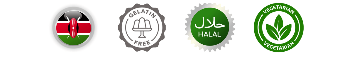Made in Kenya · Gelatin free · Halal · Vegetarian